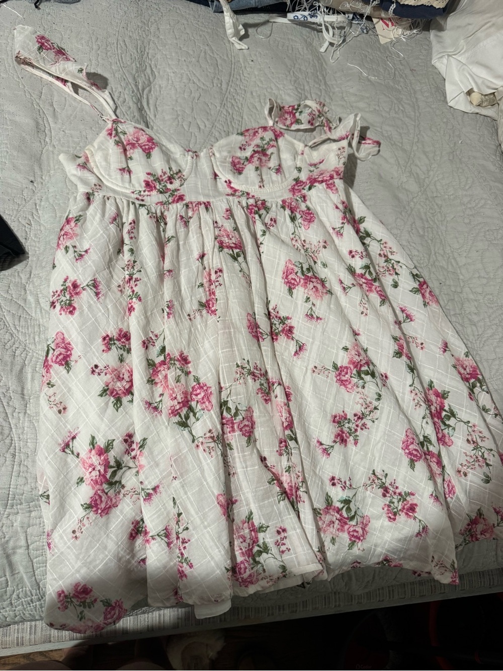 White Mini Sundress with Pink Floral Print